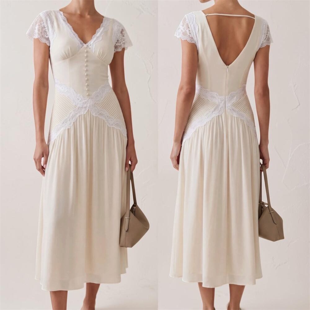 Few Moda Vaiana Ivory Midi Dress Lace Trim Cap Sleeves 0 XS Romantic Cottagecore